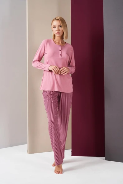 Pjs 26008 With Love Always Kadın Patlı Çizgili Uzun Kollu Pijama Takım ürün görseli 1