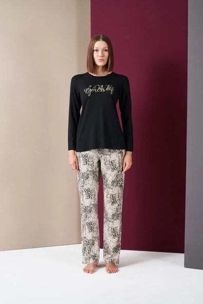 Pjs 26020 Kadın Love Yourself Yuvarlak Yaka Leopar Desen Uzun Kol Pijama Takım ürün görseli 1