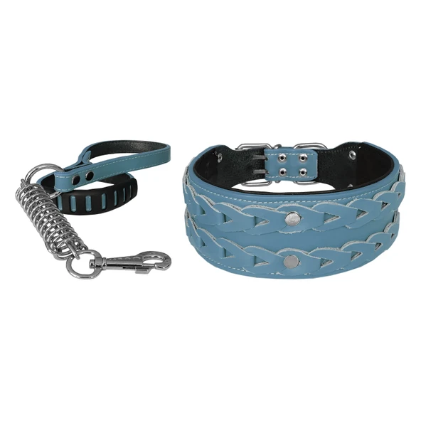 Markapet Elegance Deri İşlemeli Lüks Köpek Tasma Seti XL 7 cm*60-68 cm Turkuaz ürün görseli 1