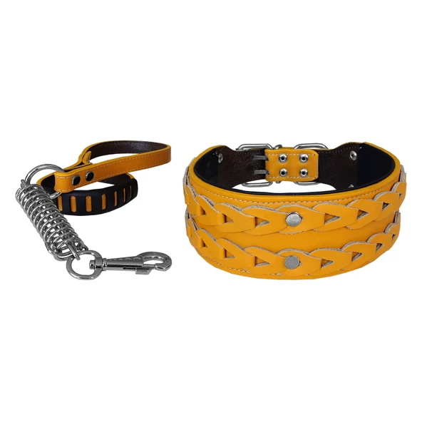 Markapet Elegance Deri İşlemeli Lüks Köpek Tasma Seti XL 7 cm*60-68 cm Sarı ürün görseli 1
