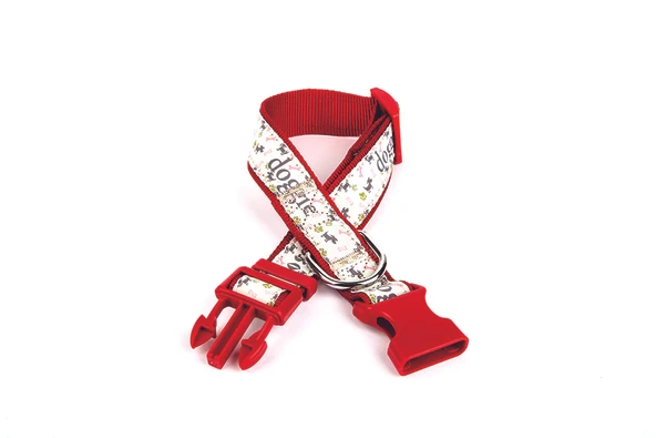 Doggie Köpek ve Pati Desenli Dokuma Köpek Boyun Tasması 3 cm x 36-60 cm Kırmızı ürün görseli 1