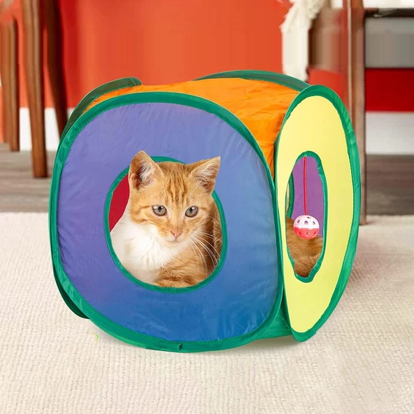 Gökkuşağı Desenli Ev Model Kedi Oyun Tüneli, Katlanabilir 37 x 40 cm ürün görseli 1