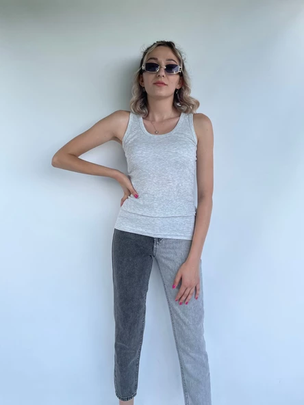 Kadın Basic Yuvarlak Yaka Gri Atlet - Resim 7