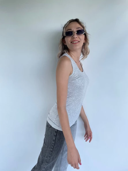 Kadın Basic Yuvarlak Yaka Gri Atlet - Resim 6