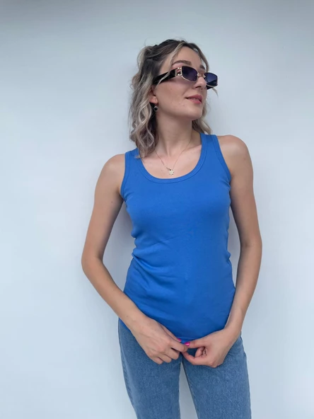 Kadın Basic Yuvarlak Yaka Mavi Atlet - Resim 2