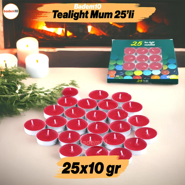 Tealight Mum 25x10 Gr Dekoratif Mumu Kandil Hediyelik Fitilli Mumluk Şamdan Kırmızı Renk Kokusuz ürün görseli 1