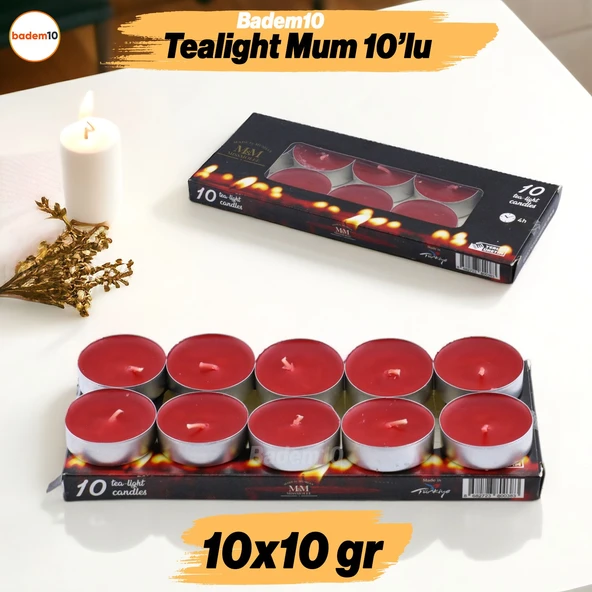 Tealight Mum 10x10 Gr Dekoratif Mumu Kandil Hediyelik Fitilli Mumluk Şamdan Kırmızı Renk Kokusuz ürün görseli 1