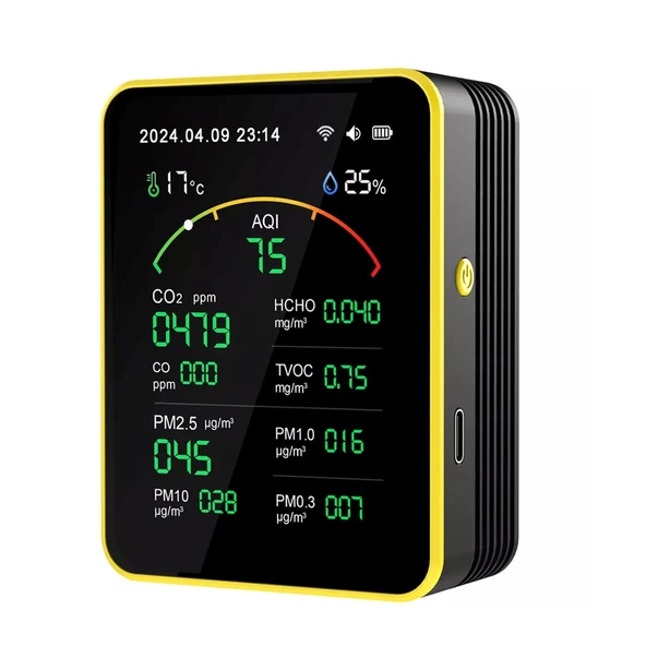 AEK-Tech 15'li AQI,TEMP,HUMI,CO2, HCHO,CO,TVOC,PM2.5, PM10,PM1.0,PM0.3 Dedektör Taşınabilir Ev Ofis Hava Kalitesi Ölçüm Cihazı ürün görseli 1