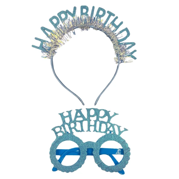 Plastik Happy Bırthday Simli Taç Gözlük Mavi 2 li Set ürün görseli 1