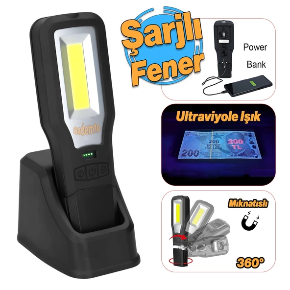 El Feneri Mıknatıslı Şarjlı Güçlü Beyaz ve Sos Işıklı Kamp Lambası Led Aydınlatma Ultraviole Işık ürün görseli 1