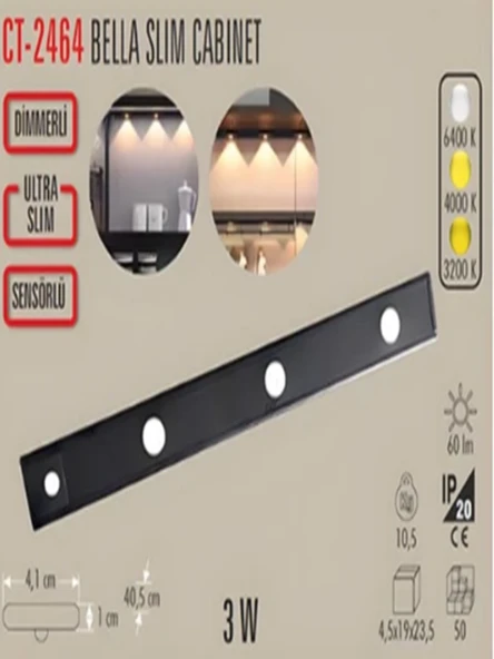 7 Watt 40 Cm Usb Şarjlı Sensörlü Bella Cabınet Ct-2464 - Resim 2