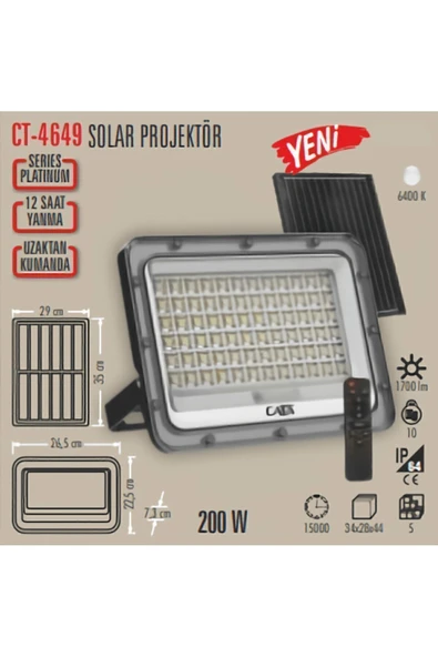 CT-4649 200W Solar Led Projektör Gri ürün görseli 1