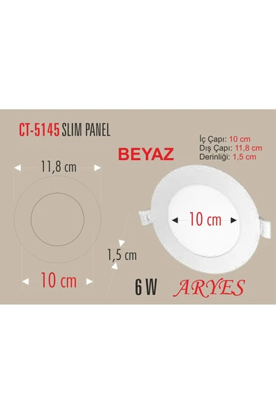 10 Adet 6 Watt Slim Led Panel Beyaz Işık Metal Kasa (delik Çapı : 10,5cm) ürün görseli 1