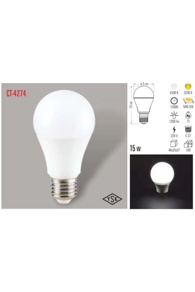 Beyaz Işık 15 Watt Led Ampul (E27) 6 Adet - Resim 2