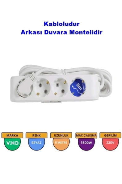 Viko Multi-let Beyaz Dörtlü Grup Priz Topraklı Kablolu Çocuk Korumalı 5 Mt 90113405 ürün görseli 1