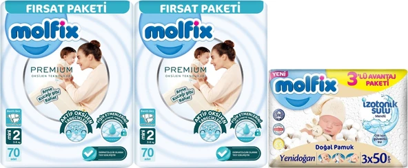 Molfix Premium Bebek Bezi Beden:2 (3-6KG) Mini 140 Ad Ekonomik Ultra Fırsat Pk+ 3 Adet Islak Mendil ürün görseli 1