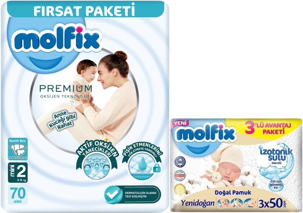 Molfix Premium Bebek Bezi Beden:2 (3-6KG) Mini 70 Adet Fırsat Pk + 3 Adet Islak Mendil ürün görseli 1