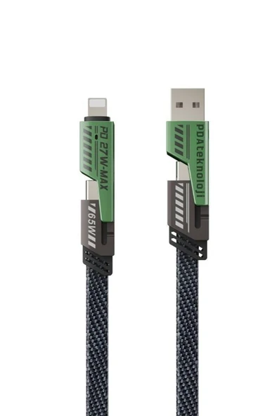 PDAteknoloji 2 in 2 4'lü 65w USB Type-C ve Lightning Örgülü Şarj Ve Data Kablosu - 1.5m Siyah AZ-B10th ürün görseli 1
