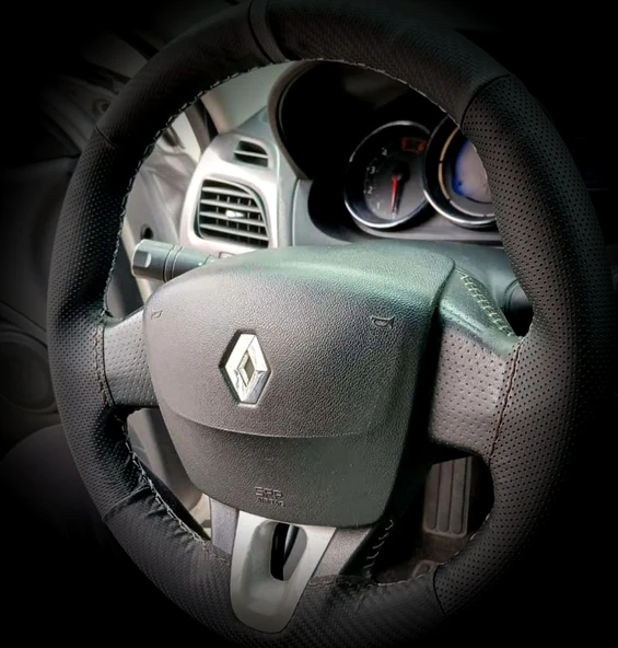 DİKİŞLİ DİREKSİYON KILIFI KARBON / NOKTALI DERİ GRİ YÜZÜK GRİ DİKİŞ RENAULT FLUENCE İÇİN ürün görseli 1