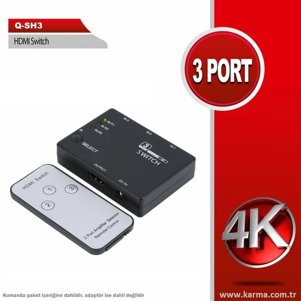 QPORT Q-SH3 3 Giriş 1 Çıkış Hdmi Switch SL-HSW4K33 HDMI 3 to 1 Kumandalı Adaptör Destekli ürün görseli 1