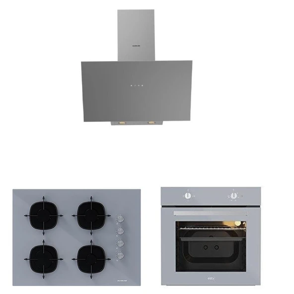 Silverline Karma Gri Cam Ankastre Set 3481 Davlumbaz - CS5665S01 65CM Ocak - Esty Aef6601s04 Firin ürün görseli 1
