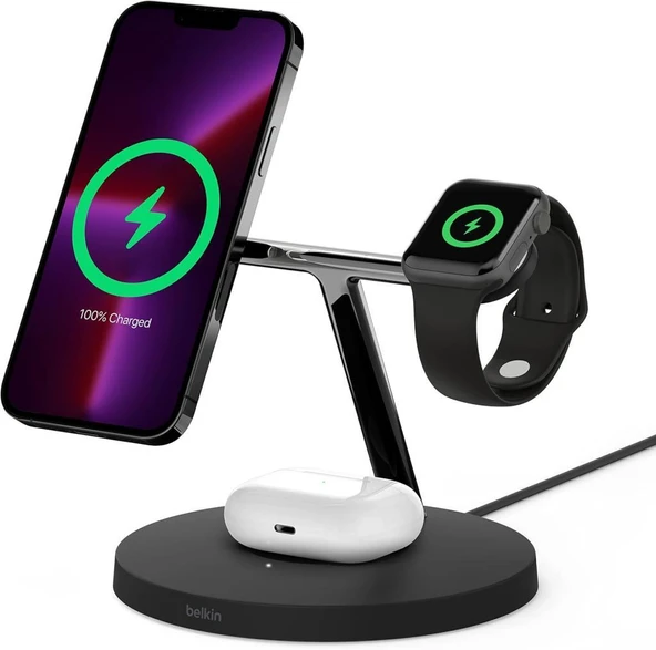 Belkin BoostCharge Pro WIZ009VFBK Siyah 3in1 Kablosuz Hızlı Şarj Aleti Teşhir ürün görseli 1