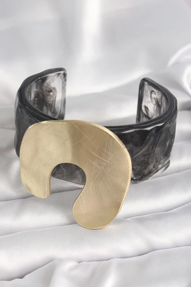 Siyah Mermer Desen Akrilik Plastik Gold Nal Model Plaka Vintage Kadın Bilezik ürün görseli 1