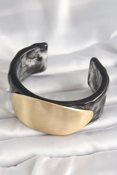 Siyah Mermer Desen Akrilik Plastik Gold Oval Plaka Model Vintage Kadın Bilezik ürün görseli 1