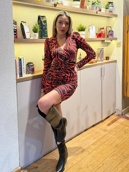 Kadın Uzun Kollu Kruvaze Yaka ön Kısım Büzgülü Zebra Desen Dalgıç Elbise ürün görseli 1