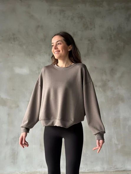Osy Modal Yumuşak Dokulu Kumaş Bisiklet Yaka Oversize Sweatshirt - Gri ürün görseli 1