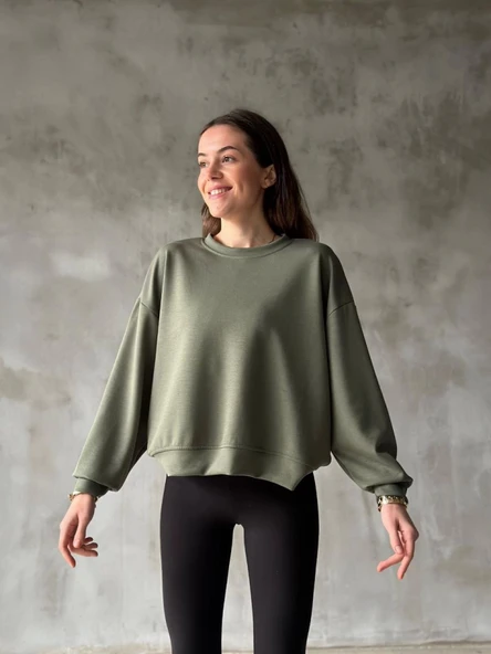 Osy Modal Yumuşak Dokulu Kumaş Bisiklet Yaka Oversize Sweatshirt - Haki ürün görseli 1