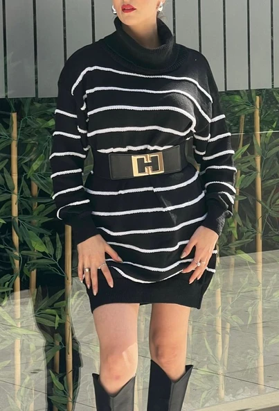 Kadın Uzun Kollu Degaje Yaka çizgili Sonya Iplik Mini Boy Triko Elbise (kemersiz) ürün görseli 1