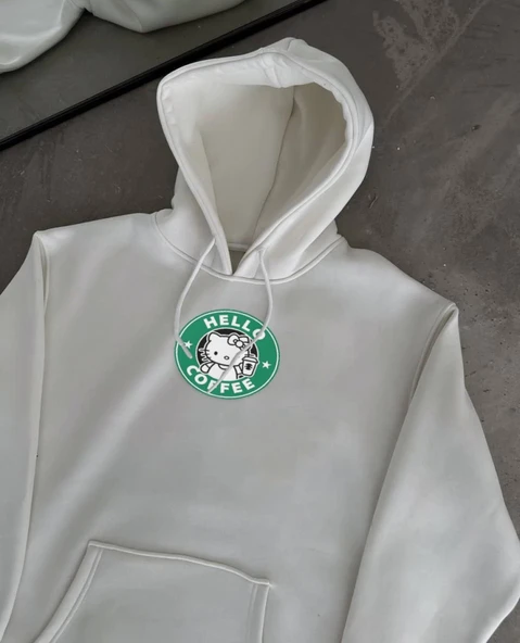 Üç İplik Penye Uzun Kol Kapşonlu SweatShirt - Beyaz ürün görseli 1