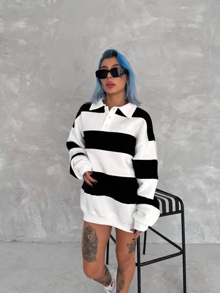 Unisex Üç İplik Parçalı Yakalı SweatShirt - Siyah ürün görseli 1