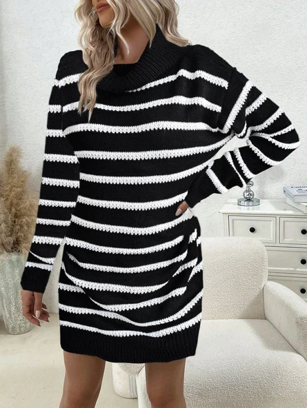 Kadın Uzun Kollu Degaje Yaka çizgili Sonya Iplik Mini Boy Triko Elbise (kemersiz) ürün görseli 1