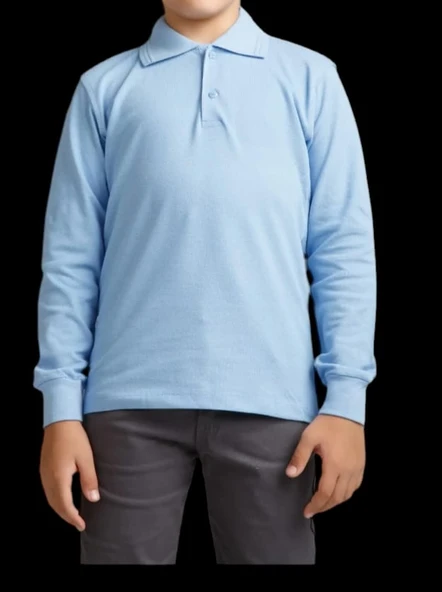 açık mavi uzun Kol Tişört/T-Shirt polo yaka polo pamuklu ürün görseli 1