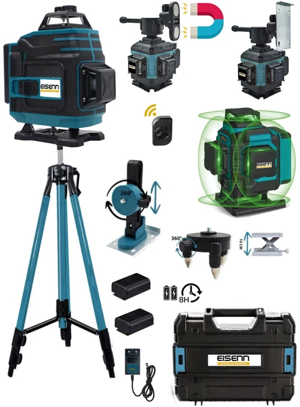 German Otomatik Hizalamalı 360 Derece Yeşil Lazer Çizgi Terazi 12 Köşe 2 Akülü Tripod Ayak Hediyeli ürün görseli 1
