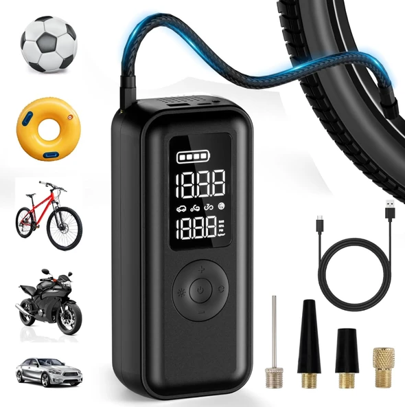 Elektrikli hava pompası 150 psi 6000 mAh pilli hava pompası, LCD gerçek zamanlı lastik basıncı izleme, LED'li ve USB çıkışlı bisiklet, araba, basketbol ürün görseli 1