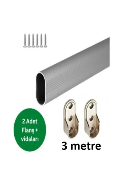 Oval Alüminyum 0-3m Dolap Içi Askı Borusu 2 Adet METAL Flanş Ve Vidaları ürün görseli 1