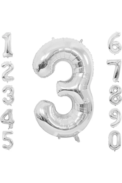Gümüş  Folyo Balon 3 Rakam 100 cm (40 İnç)  3 Yaş Balonu - 3 Yaş Balon - 3 Rakam Balon ürün görseli 1
