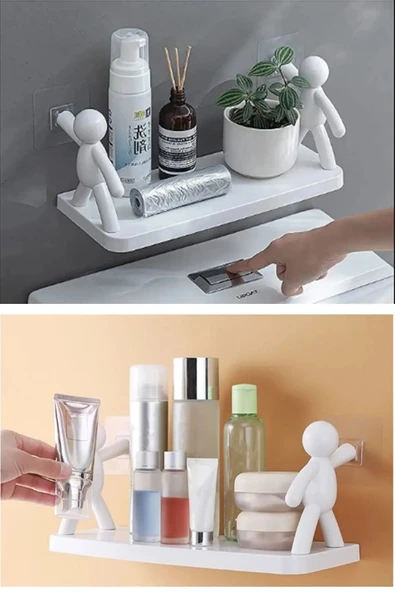 Sevimli İnsan Motifli Banyo Mutfak Ofis Baharat Rafı Kendinden Yapışkanlı Çöp Adam Rafı 2 adet ürün görseli 1