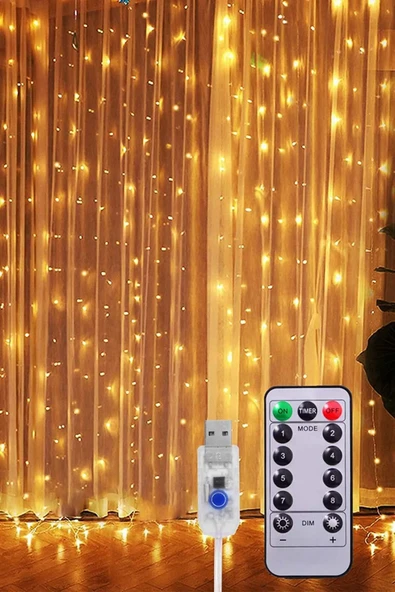 3x3 Metre USB'li 8 Animasyonlu Uzaktan Kumandalı Gün Işığı Peri Tel Led Perde ürün görseli 1
