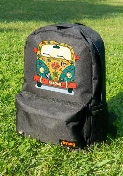 Renkli Desenli Çiçekli Woswos Minibüs Baskılı Siyah Sırt Çantası Unisex ürün görseli 1
