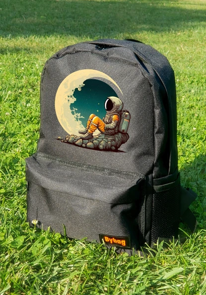 Astronot Hilal Ay Baskılı Siyah Sırt Çantası Unisex ürün görseli 1