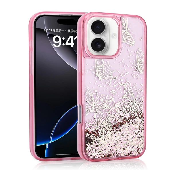 iPhone 16 Kılıf Sıvılı Simli Kelebek Baskılı Şeffaf Arka Yüzey Glis Silikon Kapak ürün görseli 1