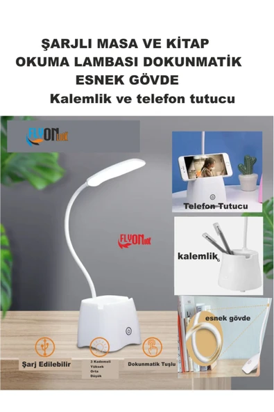 Şarj Edilebilir Dokunmatik Masa Lambası  Kitap Okuma Işığı Led Kalemlik Telefon Tutucu Kademe Ayarlı ürün görseli 1