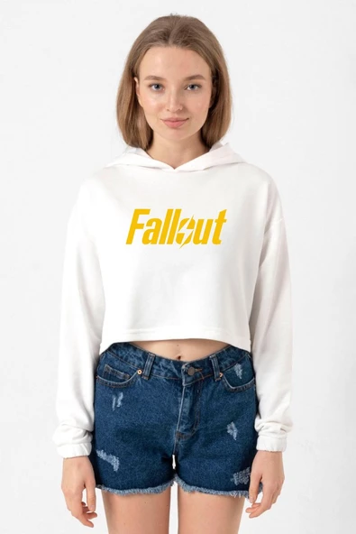 Fallout Lettern Ekru Kadın Crop Kapşonlu ürün görseli 1