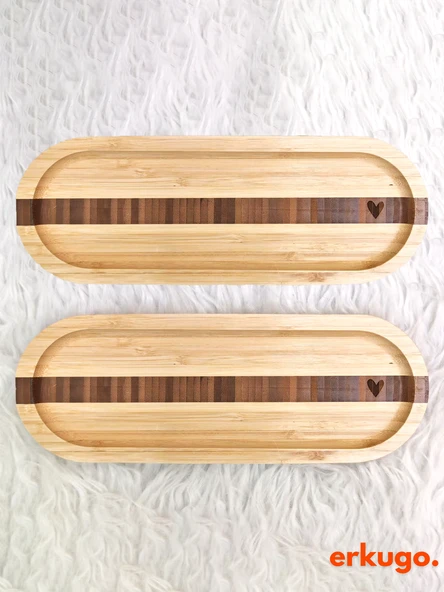 2 Adet Bambu Kalp Desenli Oval Servis Tabağı, Sunum Tabağı (25,5 X 9,5 Cm ) ürün görseli 1