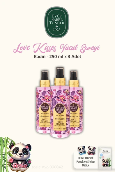 3 Adet Eyüp Sabri Tuncer Pj Body Splash Love Kisses 250 ml ve ROSIE Pamuk 60'lı ürün görseli 1