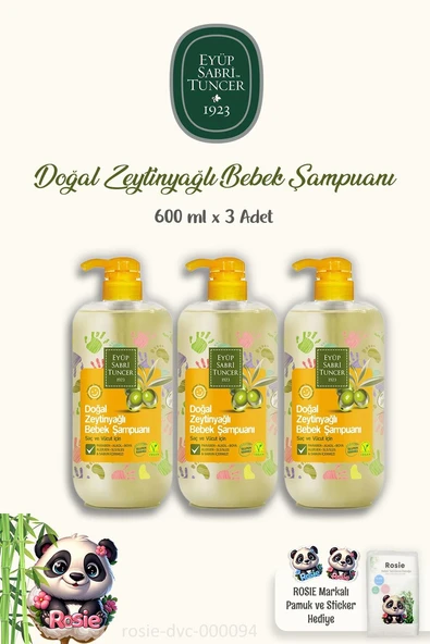 3 Adet Eyüp Sabri Tuncer Doğal Zeytinyağlı Bebek Şampuanı 600 ml ve ROSIE Pamuk ürün görseli 1
